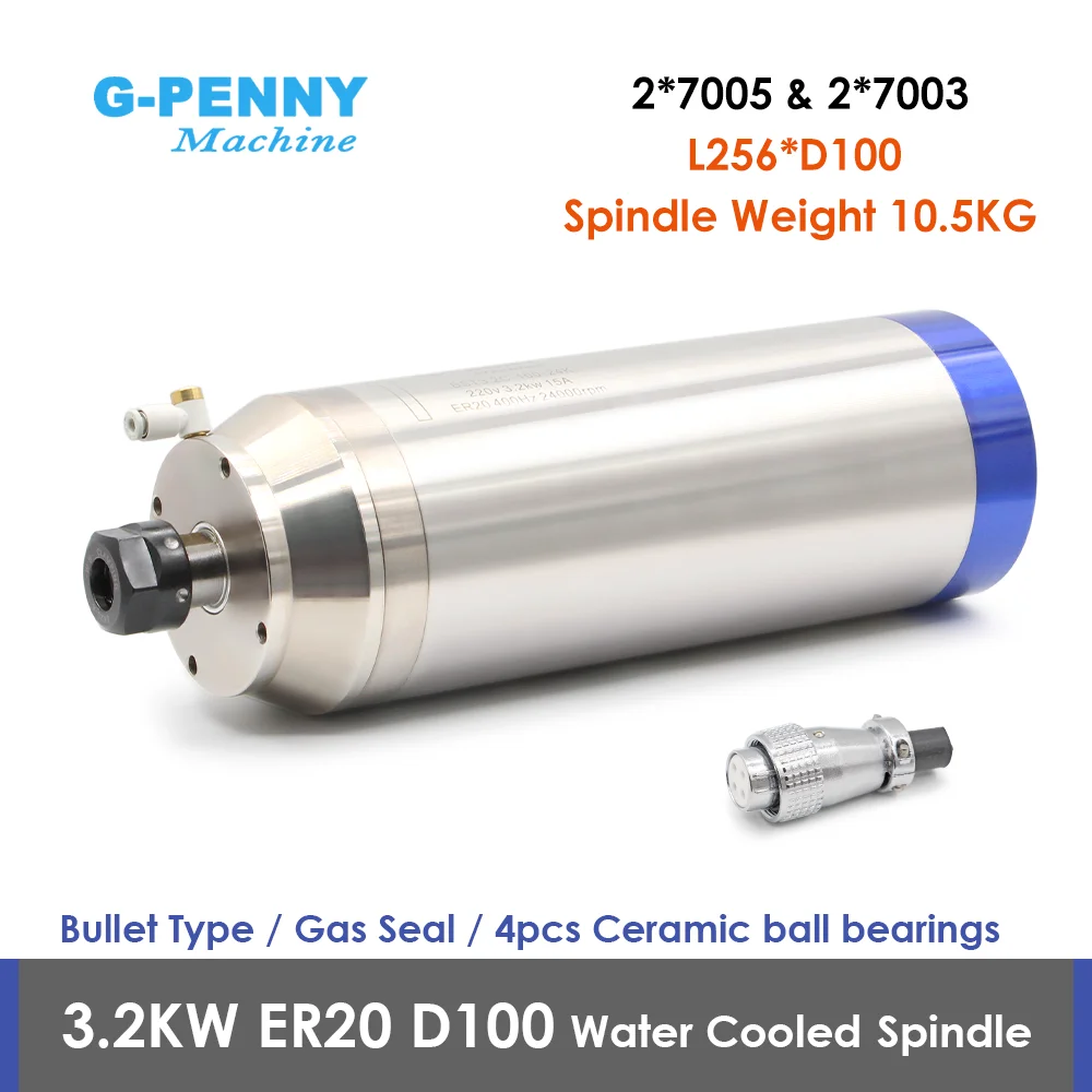 G-penny 3.2kw ER20 Granite Working Spindle Motor Water Cooling Gas Nozzle Bullet Type 220v /380v  4pcs Ceramic Ball Bearings