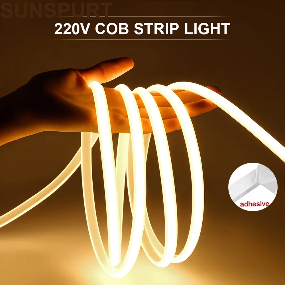 

1-35MCOB Светодиодная лента 220 В Теплый белый Power EU Plug 288LEDs/m 3000k 6000k RA90 Открытый сад FOB Светодиодная лента Спальня Кухня Освещение