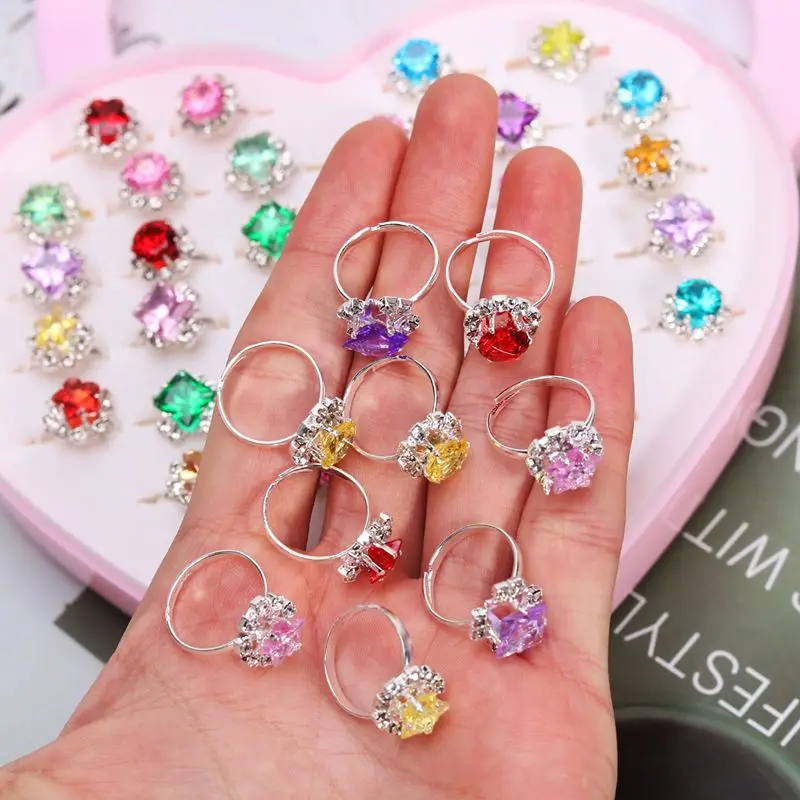 Simulated Crystal Gem Diamond Ring Cartoon Princess Imitation Jewelry Kids Toys for Girls Pretend Play Children's Beauty Fashion