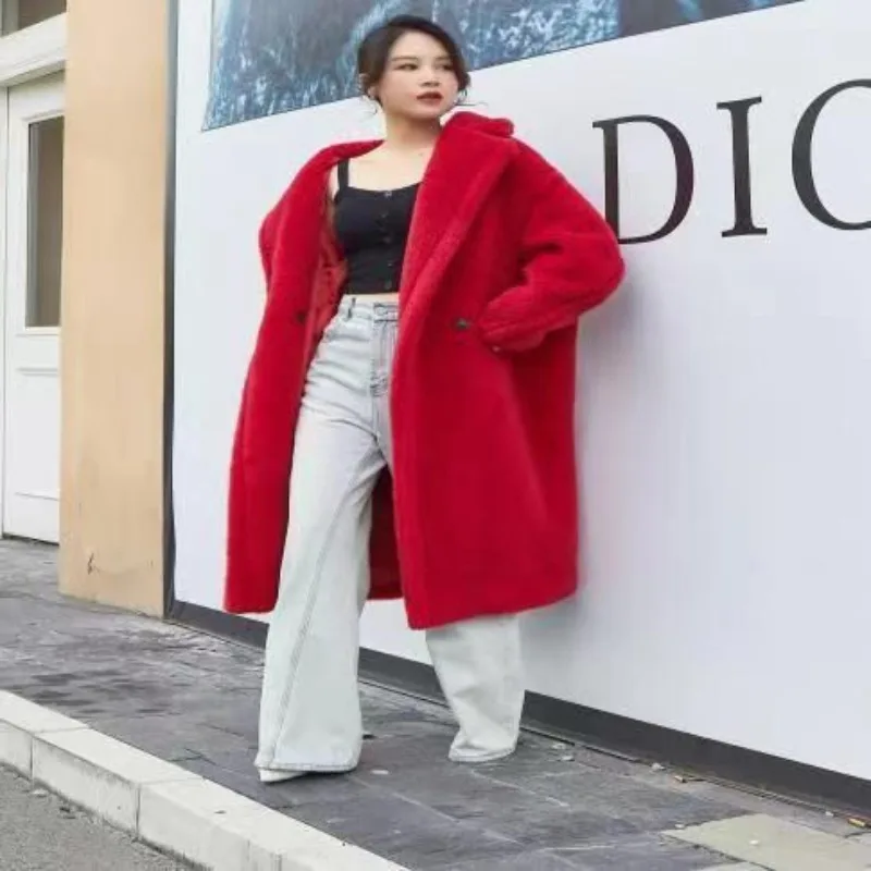 

Silhouette New Coat Winter Imitation Camel Wool Medium and Long Lamb Wool Coat Women's Large Lapel Big Pocket Coat Temperament