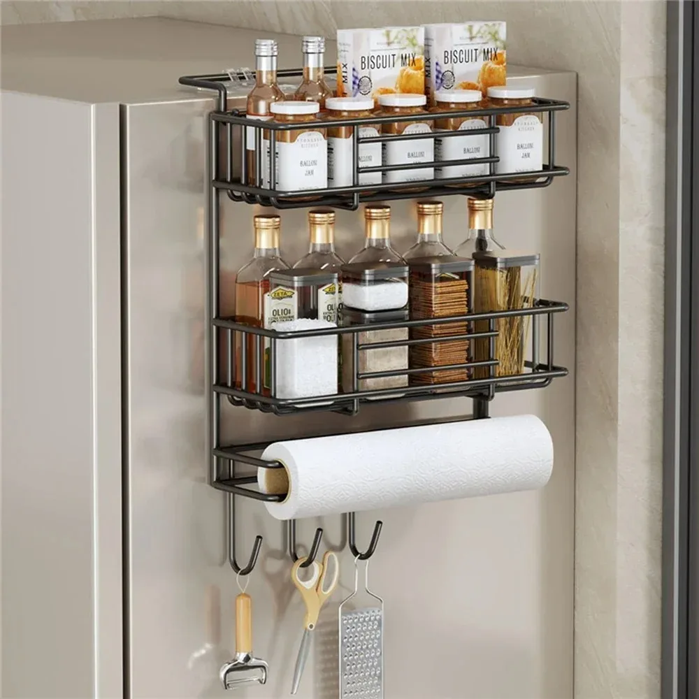 Kitchen Refrigerator Side Shelf 1/2/3 Layers Storage Multifunctional with Hooks Storage Rack Spice Storage Rack