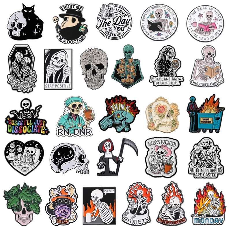 Halloween Skull Enamel Pins Overthinking Stay Weird Skeleton Reading Book Brooches Lapel Badge Gothic Jewelry Gifts For Friends