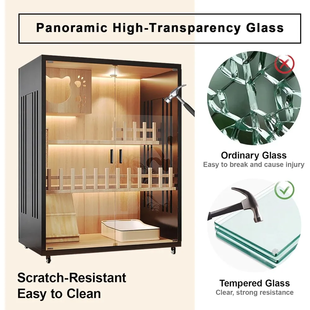 모던 캣 하우스 & 실내 빌라 - 잠금 가능한 바퀴와 강화 유리가 있는 초대형 목재 고양이 집 케이지, 멀티