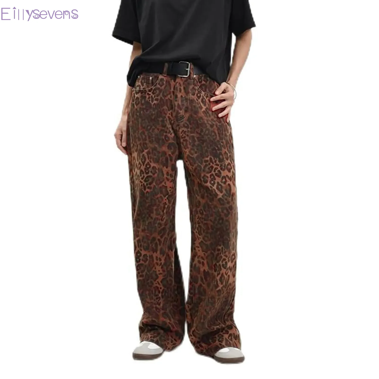 

women wild Retro Leopard trousers Printed Personalized fashion wide pants leg Large size loose Hip hop style Streetwear Jeans
