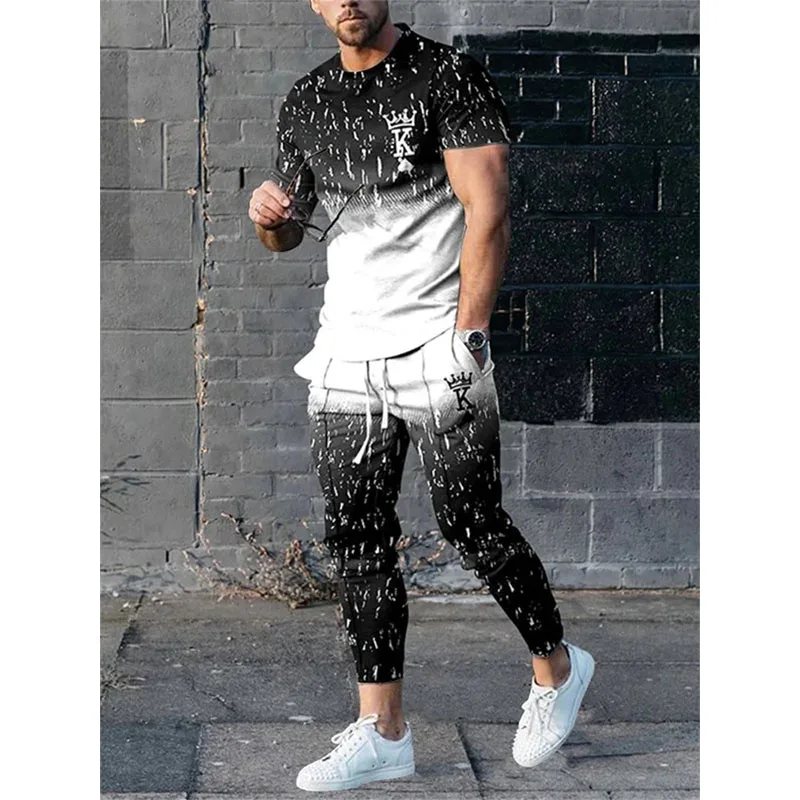 Men\'s T Shirt Set Letter K 3D Print T-shirt Pants Tracksuit Male T Shirts Trousers 2 Pieces Streetwear Oversized Suit Sportswear