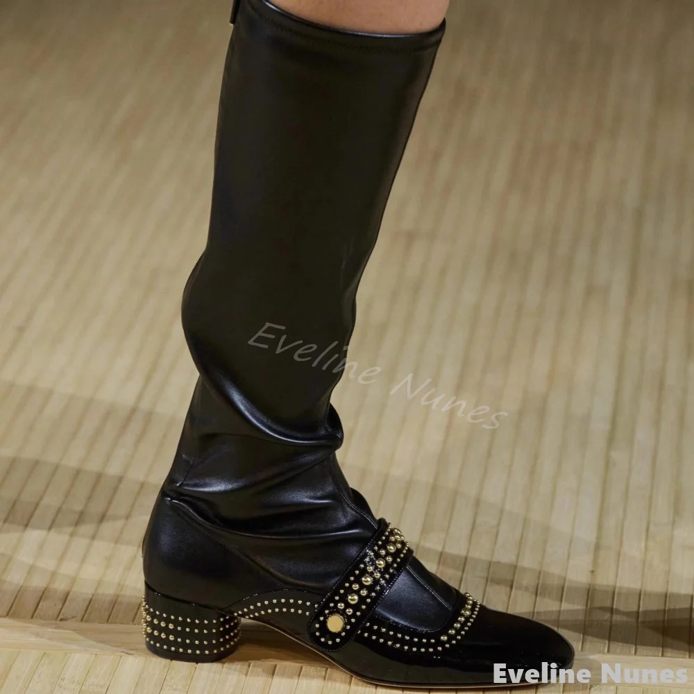 

Rivet One Word Belt Knee High Boots Women Square Toe Chunky Heel Back Zipper Black Soft Leather Long Boots 2025 Fashion Boots