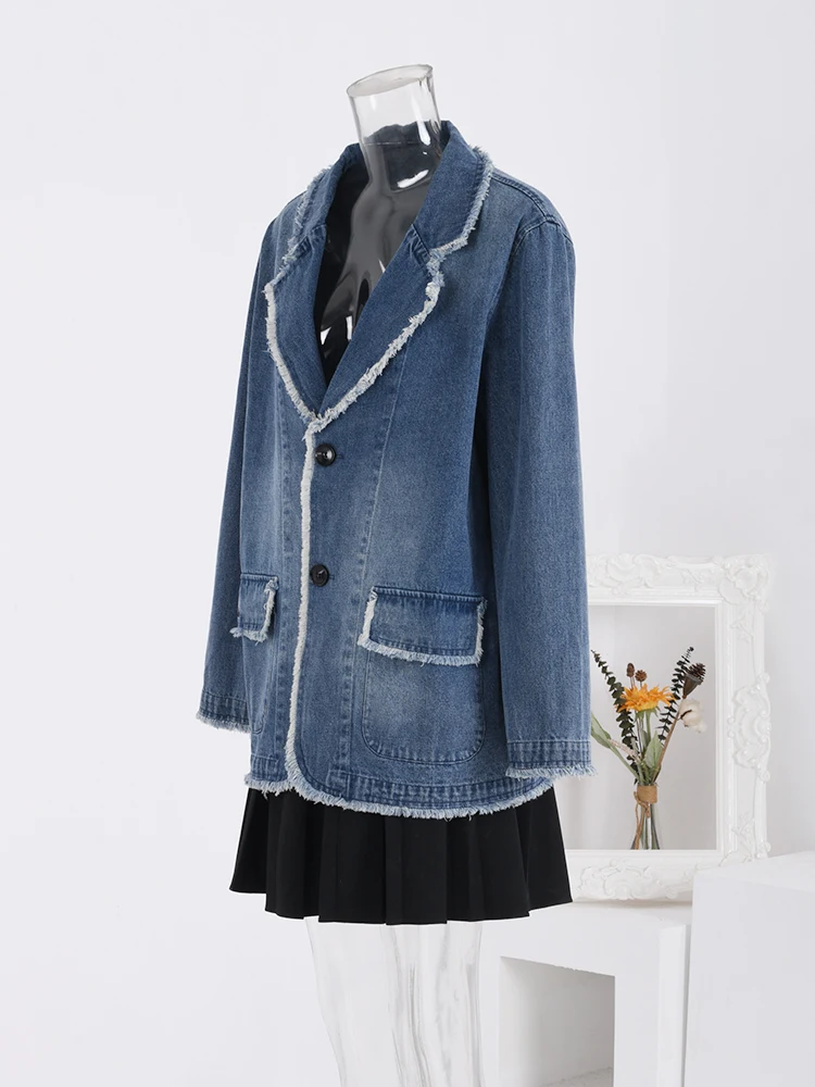 LANMREM Blue Denim Stitching Color Women's Coat Notched Collar Single Breasted Jackets Vintage 2024 Spring New Clothing 2AAa2651