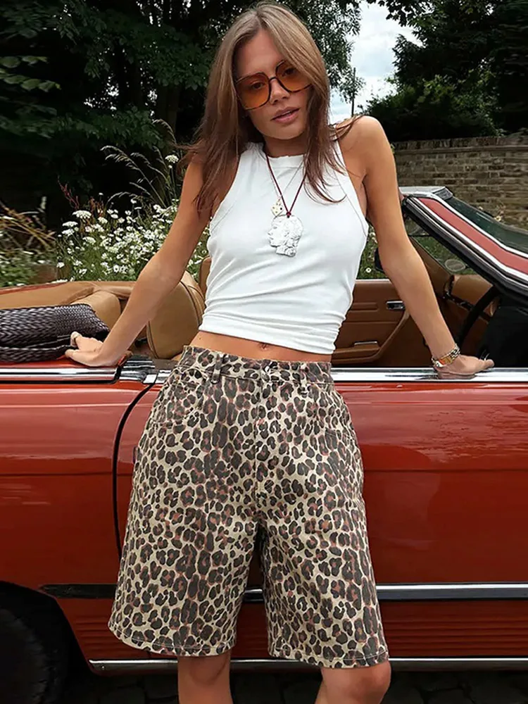 Fashion Leopard Print With Pockets Shorts Women's High Waist Front Zipper Button Pants 2025 Summer Vocation High Streetwear