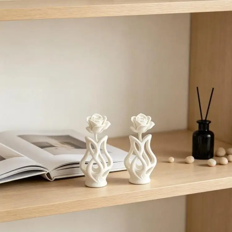 3D Printed Rose Sculpture with White Twisted Ribbon 2pcs Elegant Tabletop Decoration for Valentine's Day Wedding and Holidays
