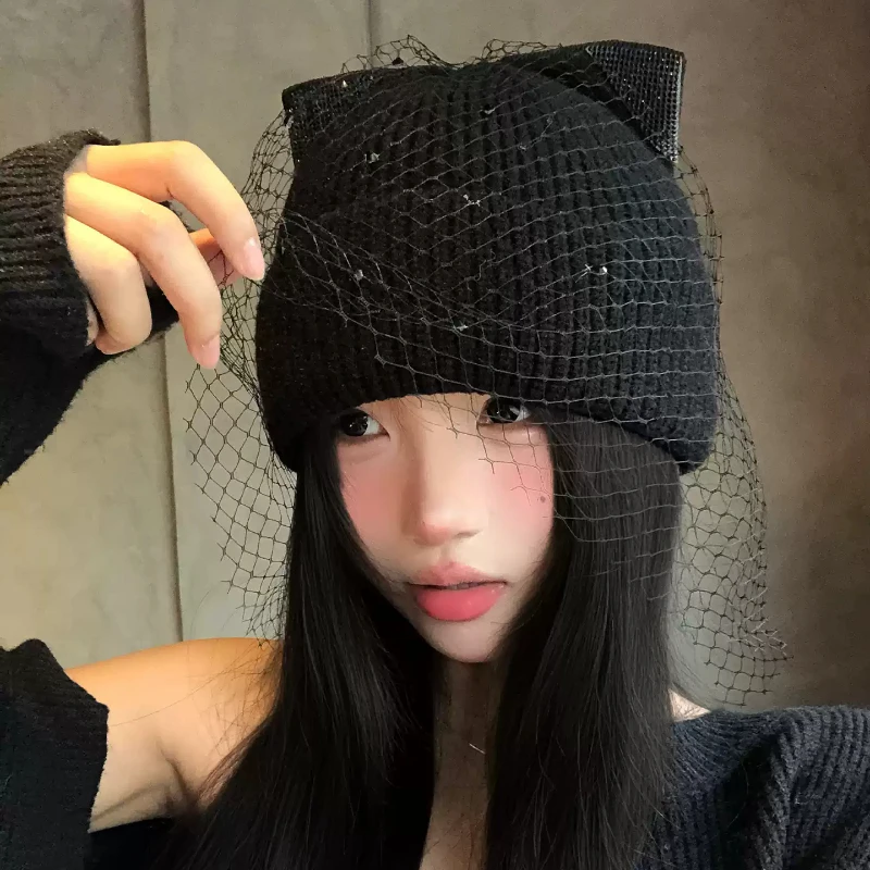 Y2K 스타일의 고양이 귀 모양 니트 비니, 망사 베일 - Beanie Cuffed Knit 리뷰 및 가격