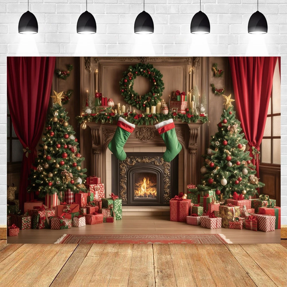 Red Christmas Fireplace Photography Backdrop Window Wreath Xmas Tree New Year Family Party Decoration Portrait Background Props