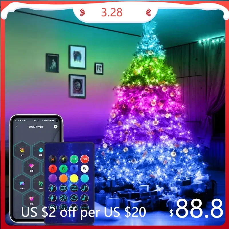 

DIY Mode RGBIC Fairy Light String For Christmas Decorations Natal New Year 2025 Xmas Tree Adornos Navidad Bluetooth USB 5V LED