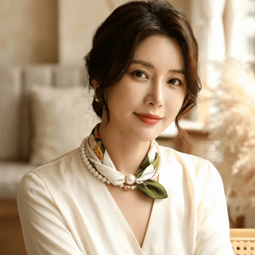 Multifunctional Magnetic Pearl Buckle Silk Bandana Floral Print Polyester Square Silk Scarf Lightweight Portable Neck Scarf