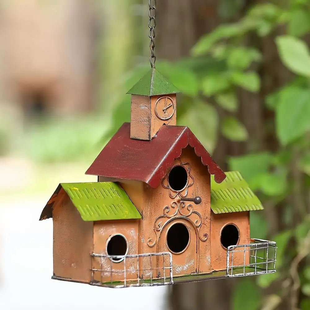 

4-Hole Outdoor Bird House with Clock Tower, Easy Clean, Metal Perches