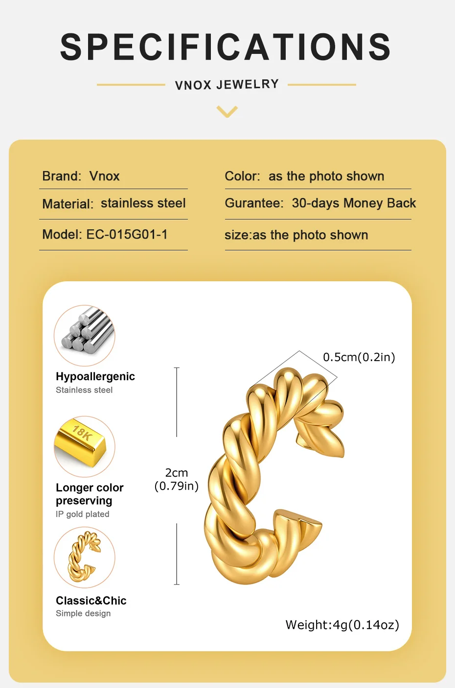 Vnox Trendige Twist-Kreis-Ohrklemmen für Damen, klassisch vergoldete C-förmige Huggie-Ohrringe ohne Ohrloch, Ohrklemmen-Schmuck. – Detail 4