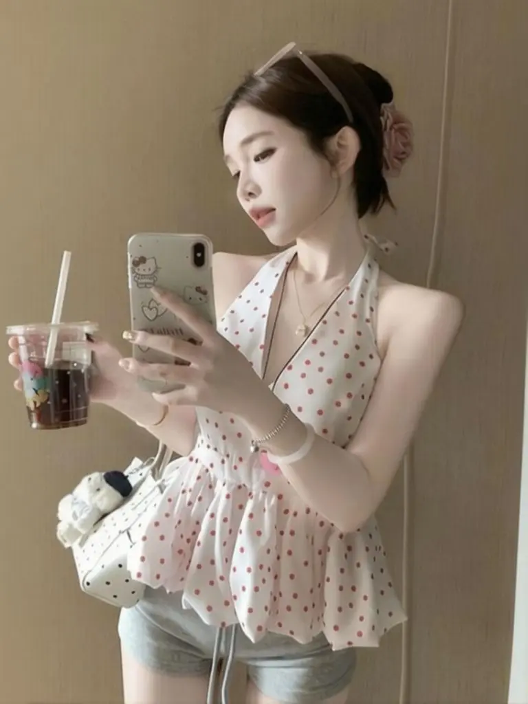 Festliches Polka-Dot-Top mit Neckholder-Ausschnitt und Spitze, Damen-Tanktop, Korsett, Babydoll-Rüschen, lässig, schulterfrei, rückenfrei