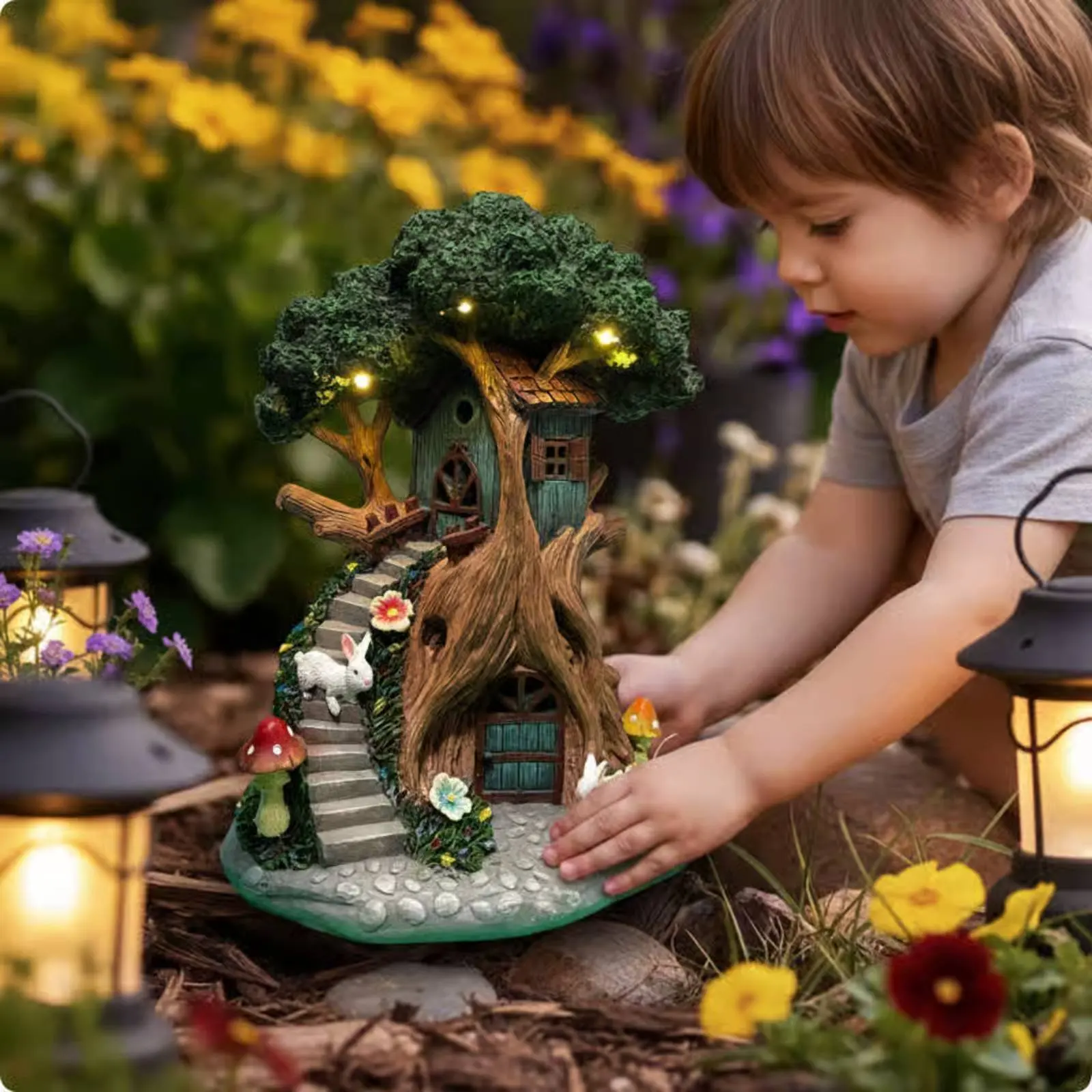 Fairy Tree House Resin Material Treehouse Figurine Fairy House Statue Hand Painted Glowing Garden Statue Original Design - view 6