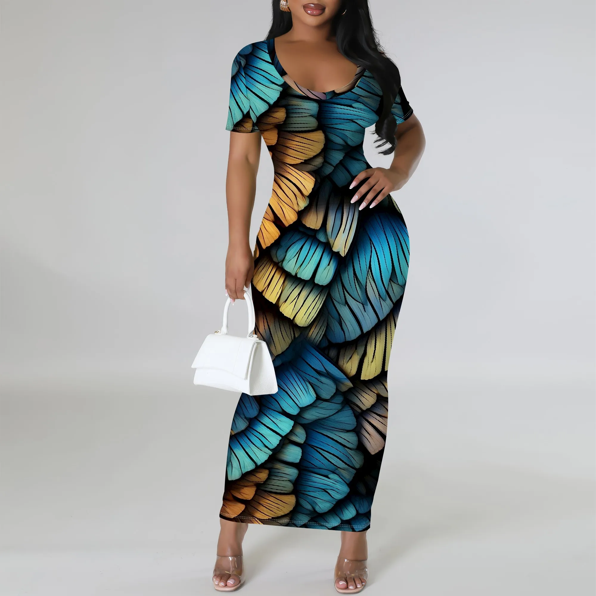 

XS-3XL Butterfly Wing Print Maxi Dress for Women Short Sleeve Bodycon Party Dress Nature Inspired Fall Holiday Long Dress