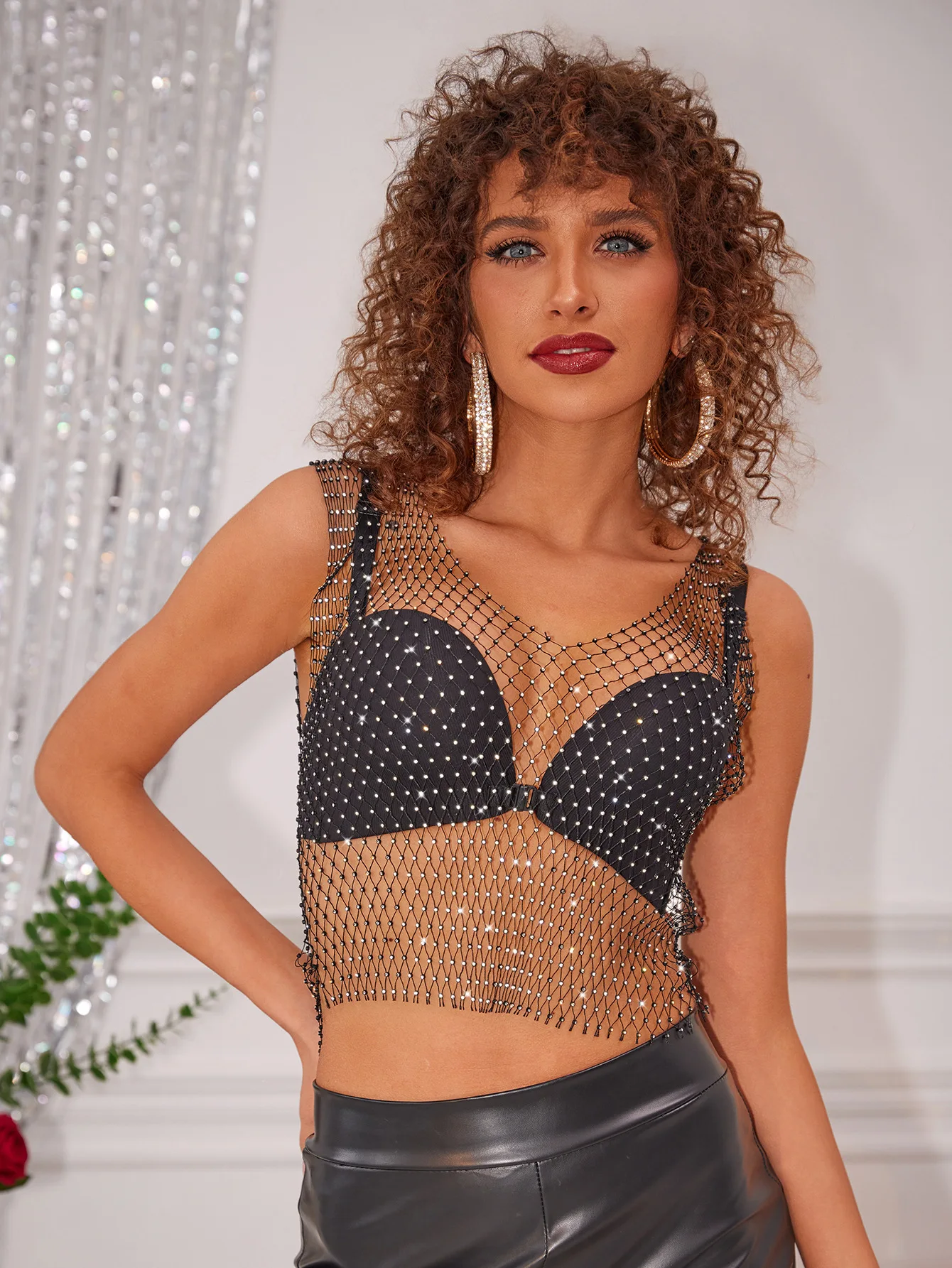 Sexy Club Diamonds Mesh  V-neck Tank Top Women Summer Cover Up Bikini See Through Rhinestone Party Club Crop Top