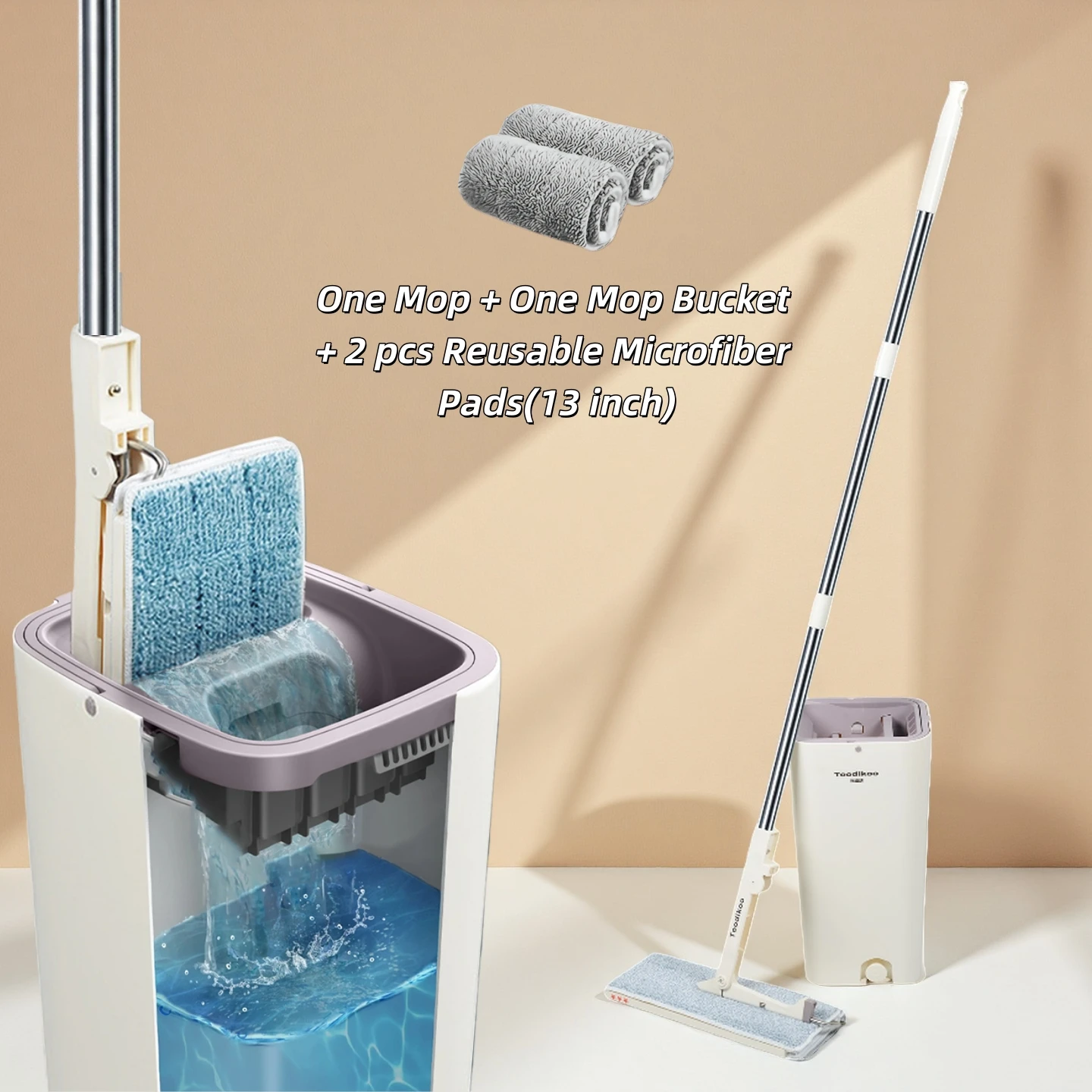 

Набор: 1 швабра и 1 ведро с отжимом, швабра для пола без использования рук, 50-дюймовая швабра с 2 многоразовыми насадками из микрофибры, для влажной и сухой уборки