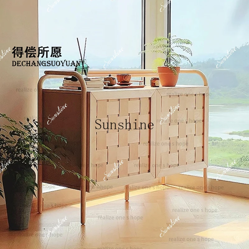 

Nordic solid wood dining side simple storage cabinet rattan living room tea and wine cabinet FT