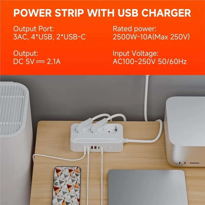 T21C EU Plug 1.8M AC Outlets Multitap Socket Extension Cord Electrical Power Strip With USB Type C Fast Charging Network Filter