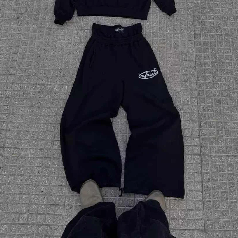 

Спортивные Harajuku винтажные американские черные европейские осенне-зимние новые повседневные брюки с капюшоном и принтом модные свободные спортивные штаны дизайн