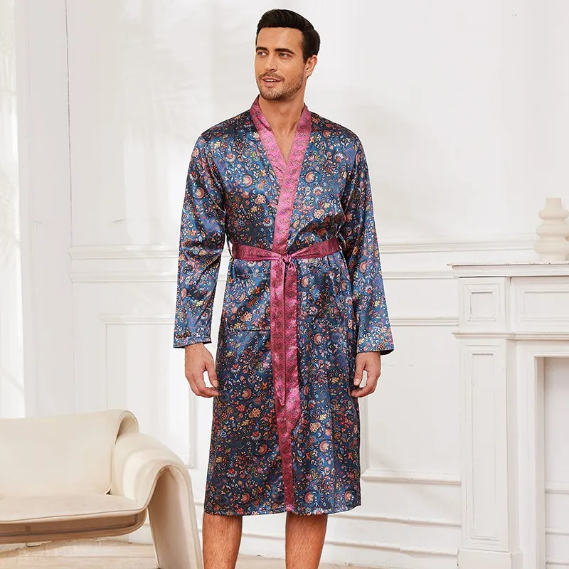 Men's Robe Sleepwear Printed Kimono Bathrobe Dressing Gown With Belt Loose Silky Satin Homewear Loungewear New Arrived Nightwear