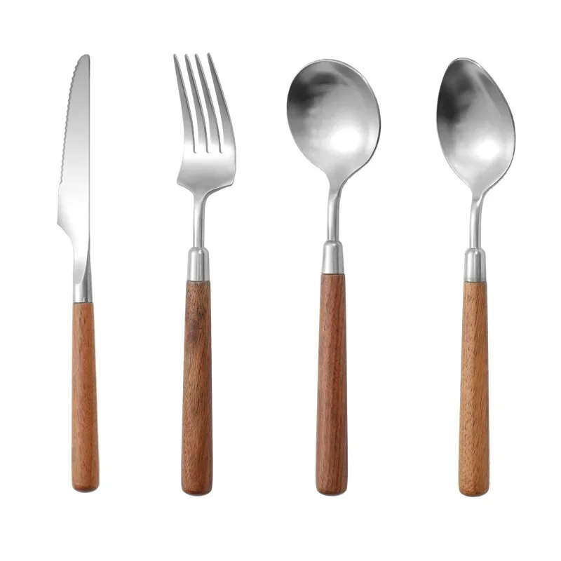 16/24pcs Silver 304 Stainless Steel Cutlery Set Wooden Handle Vintage Tableware Dinnerware Spoon Fork Knife Kitchen Flatware