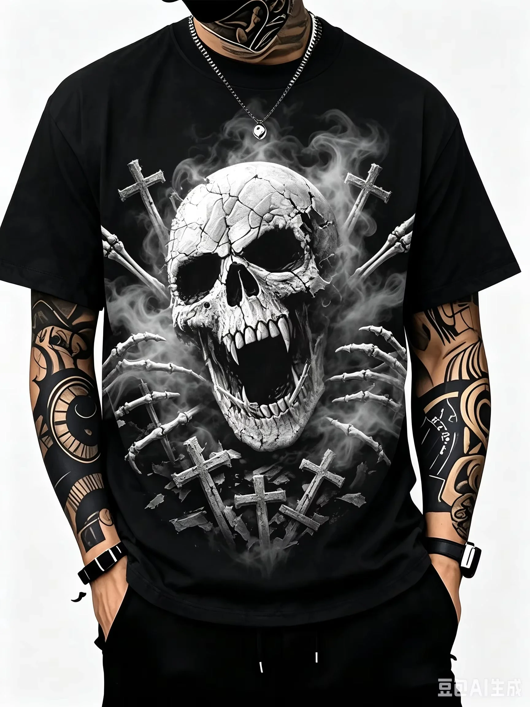 Dark Skull Skeleton Graphic T-Shirt Black Grey Horror Bone Print Short Sleeve Tees Cool Gothic Stre Men's T-shirt