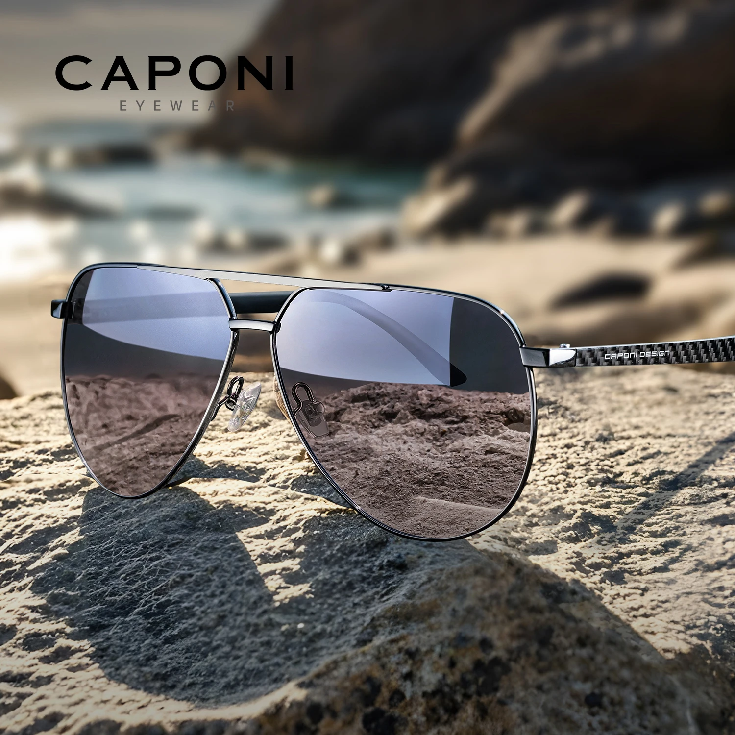 CAPONI Pilot Style Men Sun Glasses Carbon Fiber Polarized UV400 Brand Design Light Sunglasses Eyewear Driver Black Shads BS23862