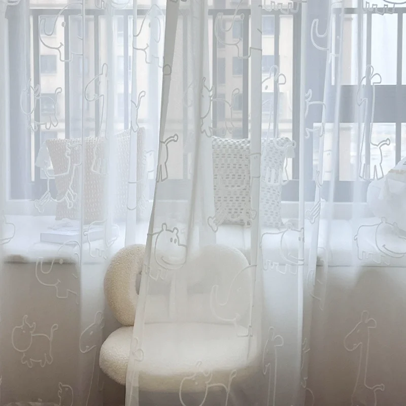 

Dongwu Pattern White Tulle Cartoon Embroidery Sheer Curtains for Living Dining Room Bedroom Window Screen Children's Room 창문커텐