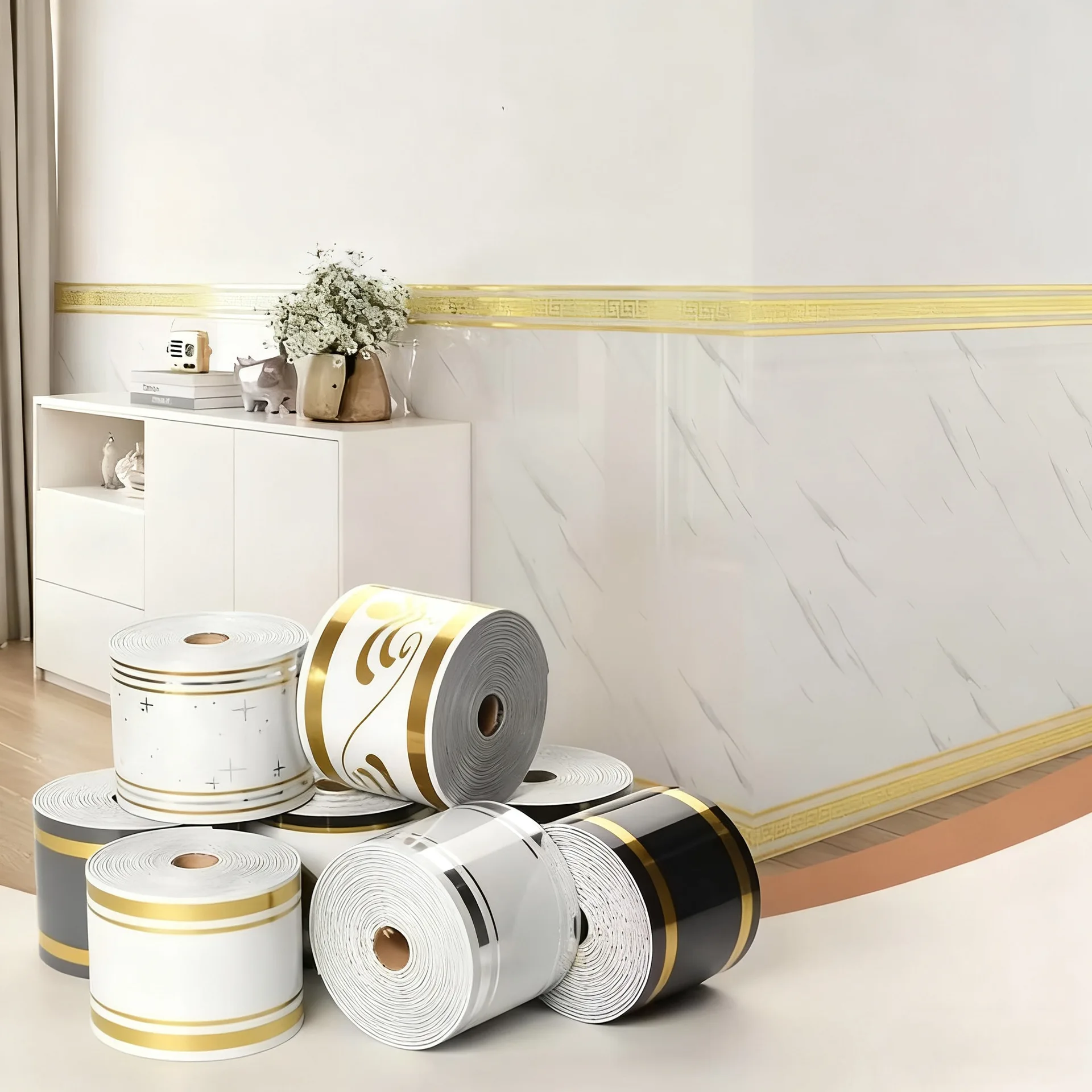 1 roll, 197 inches x 3.94 inches, large roll thickened version, European-style marble tile panel wallpaper, self-adhesive PVC br