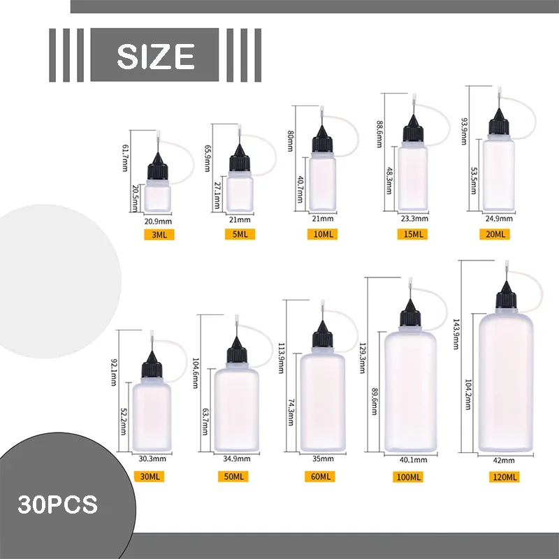 30pcs 3ml-150ml PE Plastic Squeezable Dropper Bottles Long Steel Tips Liquid Oil Glue Containers Travel Refillable Soft Bottles