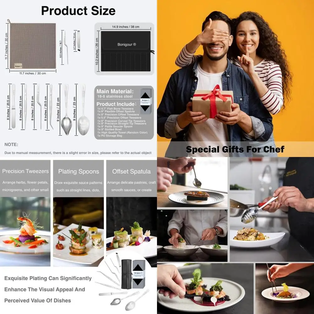 

Professional Chef's Plating & Garnishing Kit: Silver Fish Tweezers, Pastry Spatula, Cake Tweezers for Culinary Art