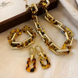 Europe and America Leopard Print Necklace Drop Earrings Bracelet Exaggerated Gold Plated Stainless Steel Jewelry Set Female Gift