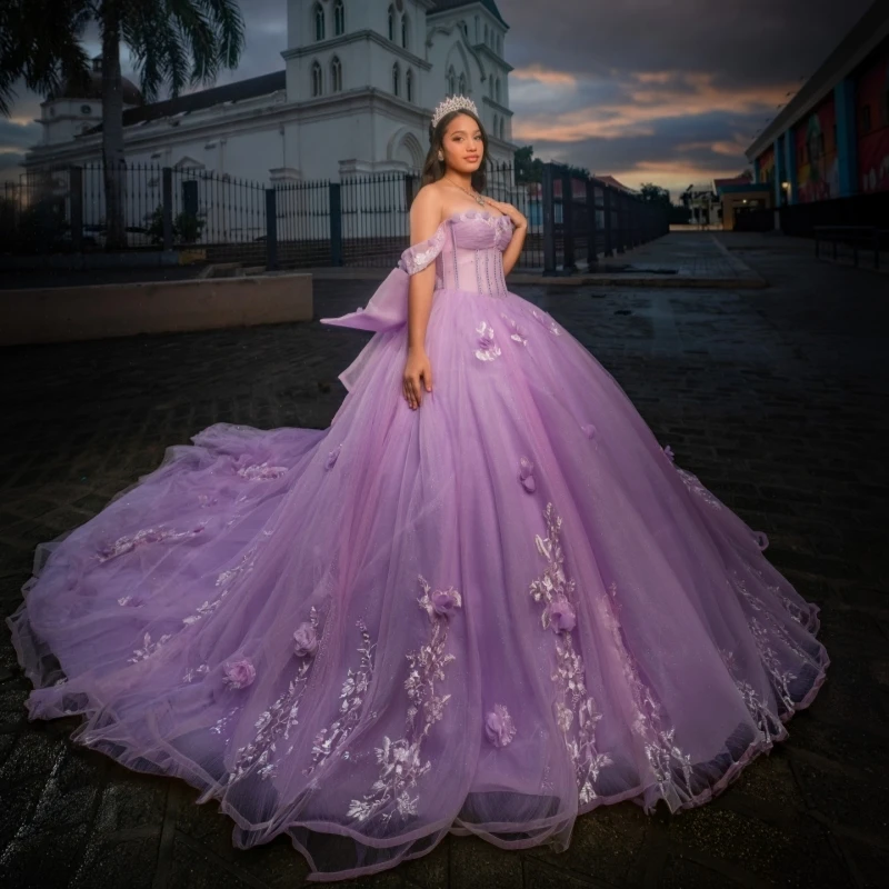 

Light Lilac Shiny Quinceanera Dresses Ball Gown Off The Shoulder Applique Flower Beading Crystal Corset Bow Tull Party Birthday