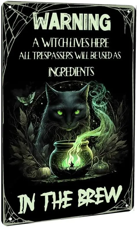 1x, lustiges schwarzes Halloween-Schild „Warning a Witch Lives Here“ Alle Trespassers werden als Zutaten in the Brew Retro Vintage M verwendet