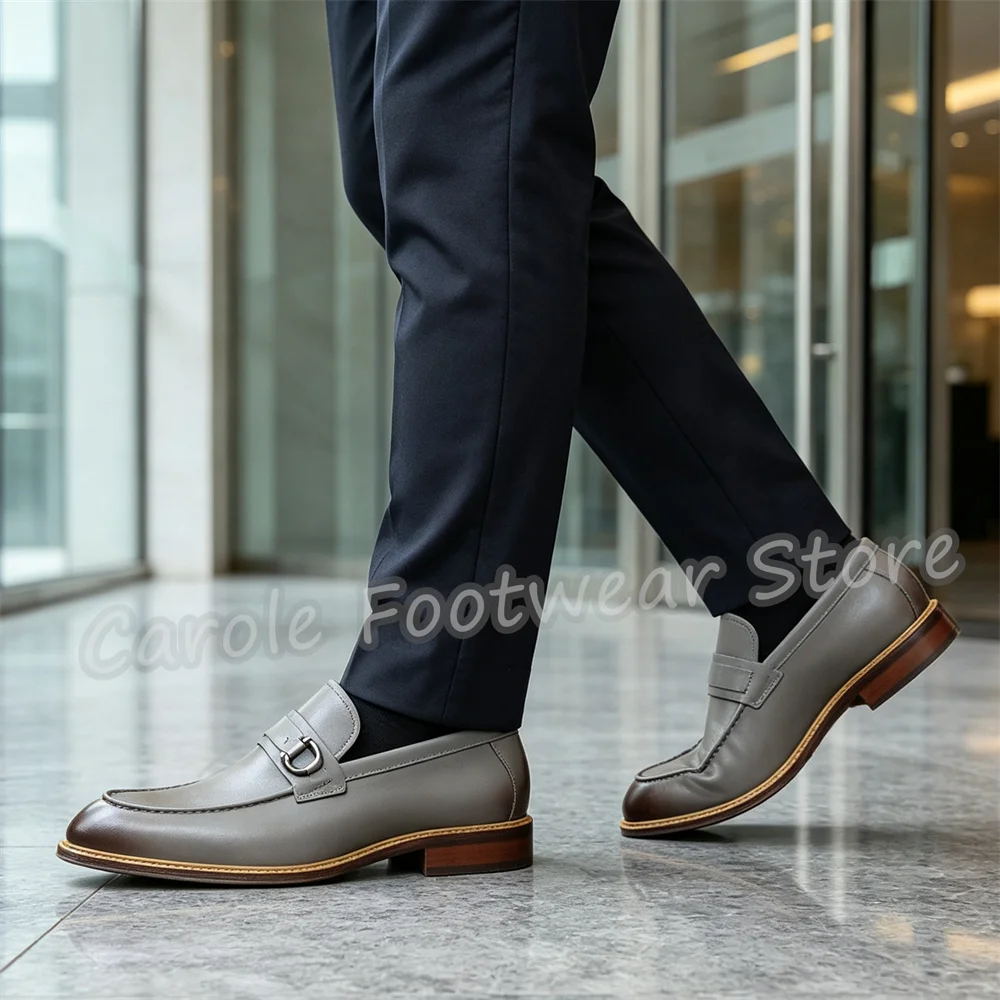 Vintage Genuine Leather Slip-On Loafers Male Round Toe Chunky Heel Derby Shoes Classic Wedding Business Formal Dress Shoes
