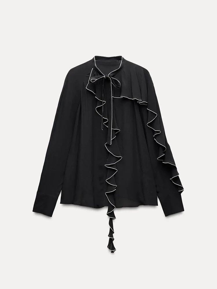 Csa Fena Nova Coleção Outono 2024 Manga Longa Detalhe em Bloco de Cores Design Decorativo em Camadas Estilo Casual 00...