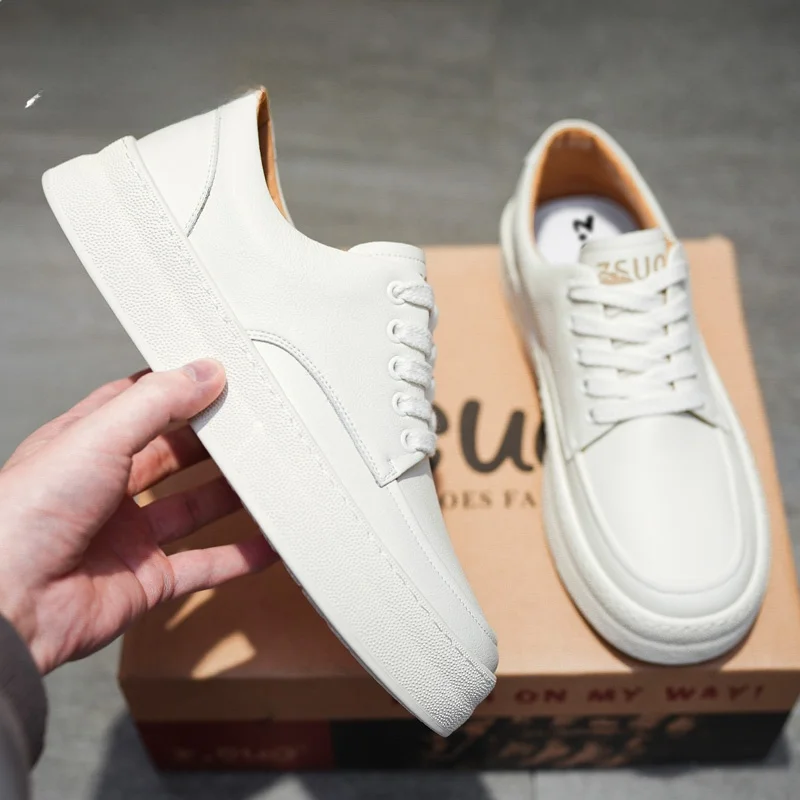 

Men's Casual Low-Top Leather oes Fall 2024 Trendy Korean Sle Versatile Flat Footwear Breathable Lace-Up round Toe Rubber ...
