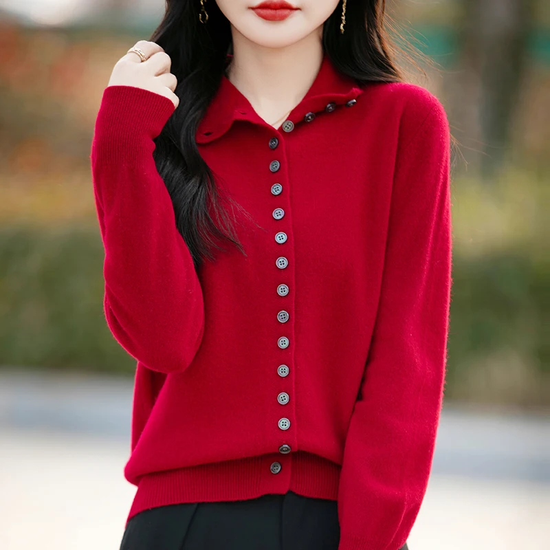 

Women's Long Sleeved Solid Color Button Up Australian 100% Wool Knitted Cardigan 2025 Spring/Autumn French Fashion Loose Jacket