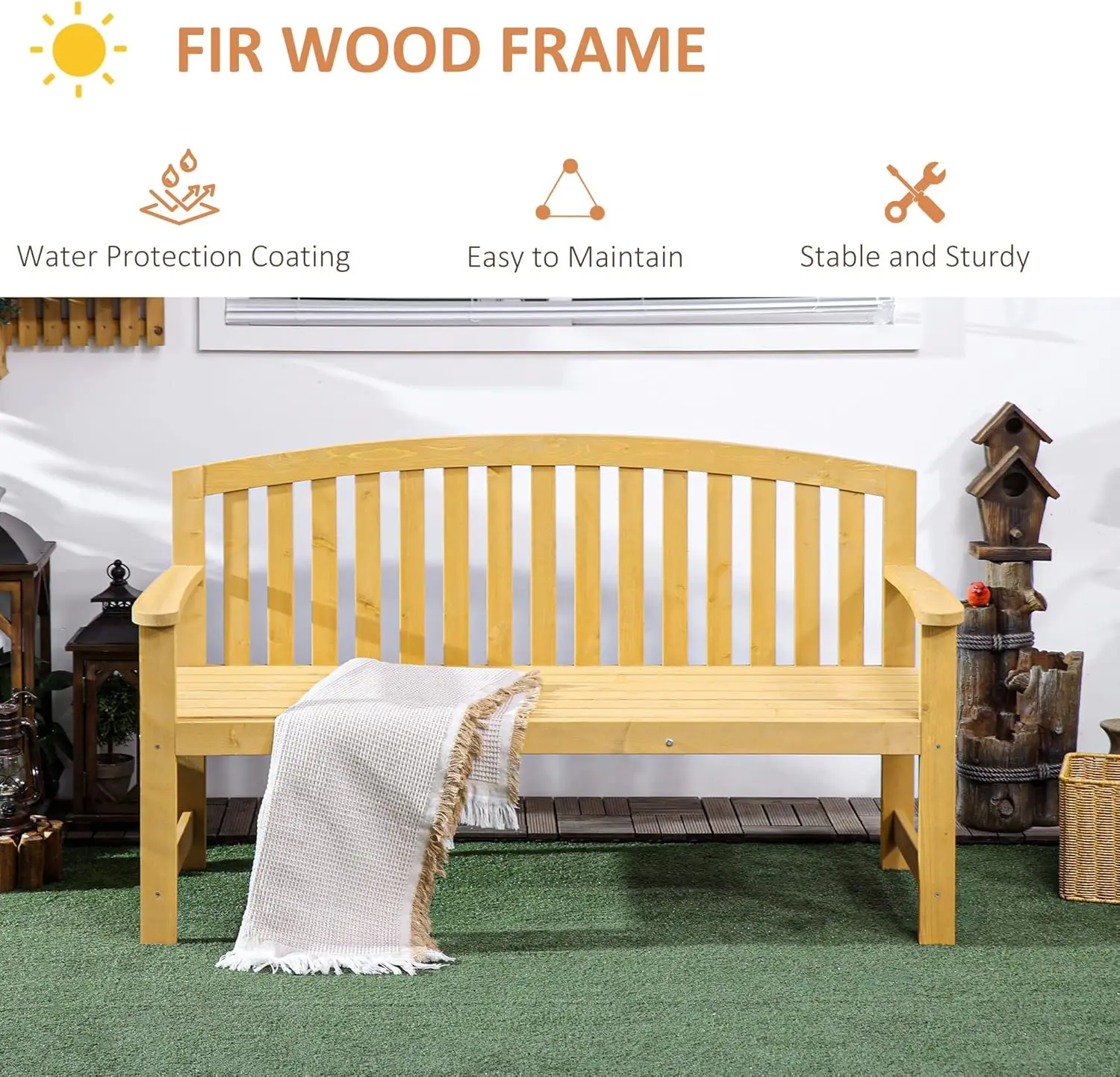 مقعد خشبي خارجي مقاس 56 بوصة، مقعد حديقة بمقعدين مع مسند ظهر ومسند للذراعين