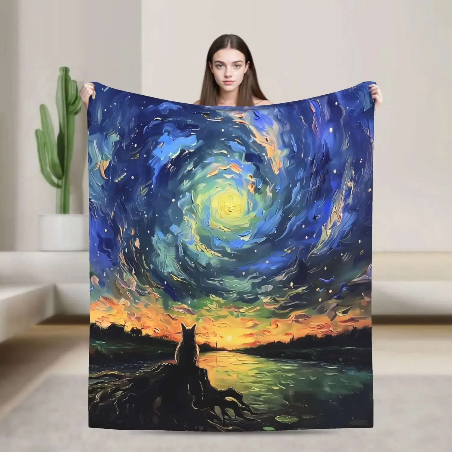 

Van Gogh Starry Night Blanket - Black Cat Lightweight Flannel Throw
