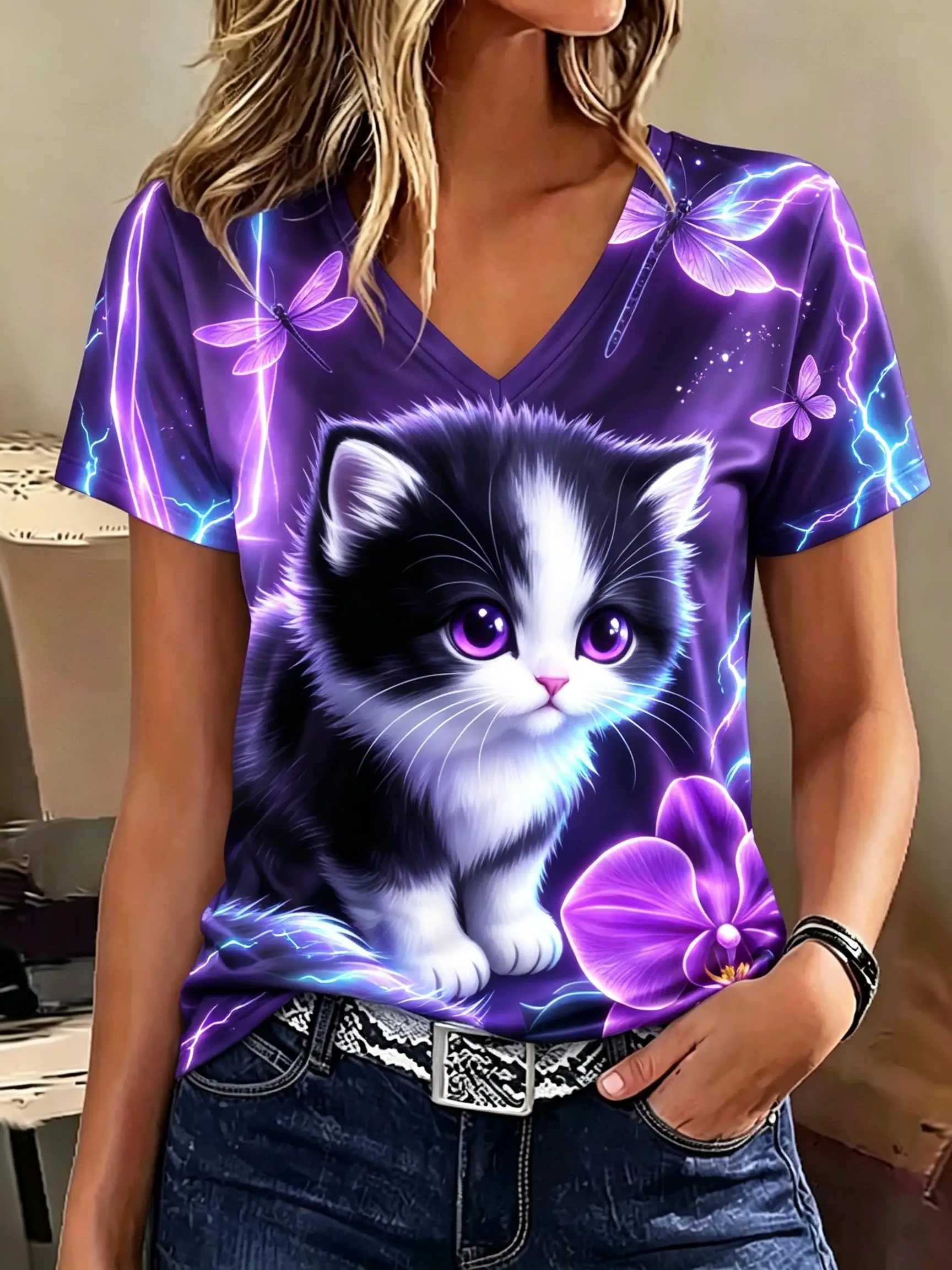 Women V‑Neck Short Sleeve T‑Shirt Neon Glow Cute Kitten Print Tee Butterfly Dragonfly Floral Art Graphic Casual Ladies Top