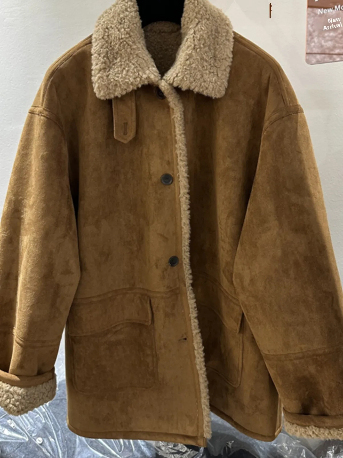 High-End European Sle Women's Thiened Oversized Lapel eepskin Coat Long Sve Zipper Closure Casual Commute Outerwear