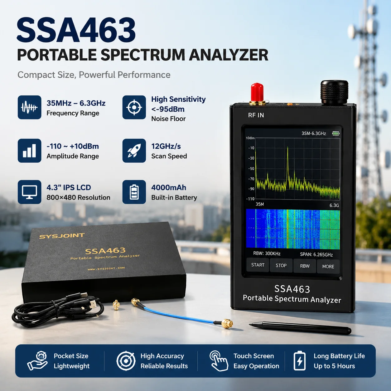 SSA463  35MHz-6.3GHz Portable High Precision with 4.3inch Display Spectrum Analyzer Switchable RBW
