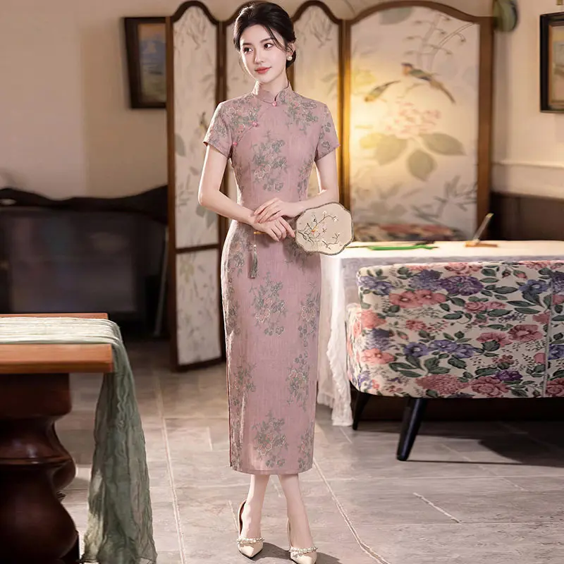 

Pink New Chinese Suzhou Long Improved Cheongsam 2026 Women's Retro Short Sleeve Daily Summer Qipao