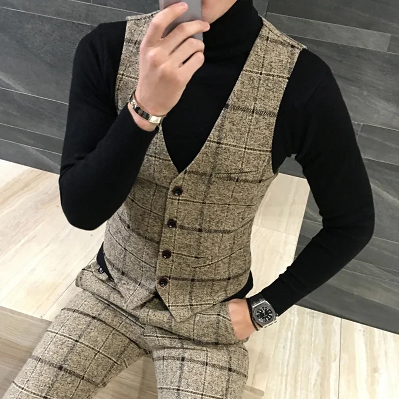 Fine Cotton Fashion High-quality Goods Men\'s Grid Formal Wedding Dress Waistcoat Suit Vest Male Thick Grid Business Suit Vests