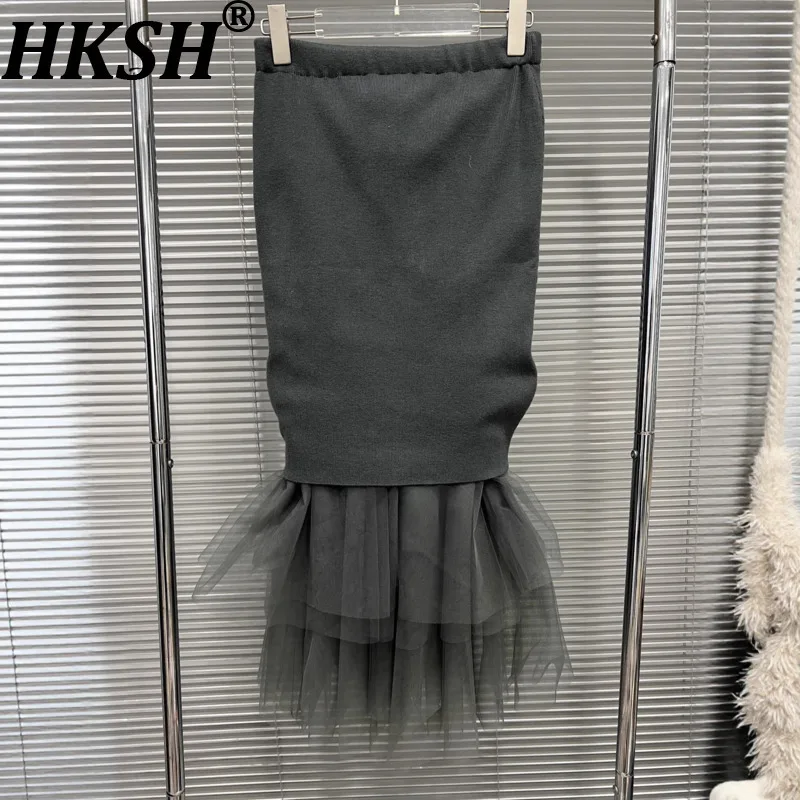 HKSH 2025秋冬新作 レディーススカート ニット パッチワーク プリーツ メッシュ ゴムウエスト トレンド エレガント ハイストリートスカート HK15647